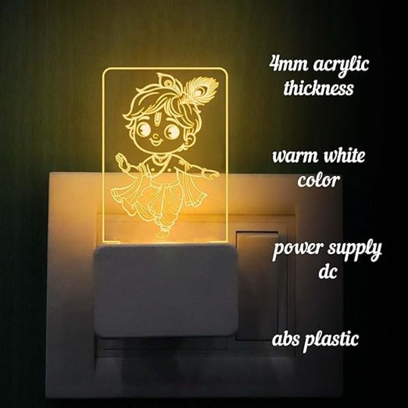 Cute Lord Krishna Plug Night Lamp with Warm White Color Gift Home,Office & Pooja Room Decor Light